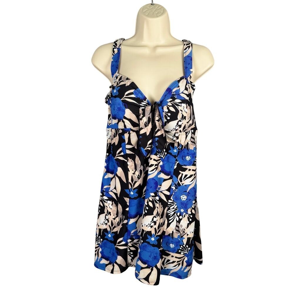 Byron Blue Swimdress Womens US 12‎ Blue Black Tropical Print Padded Slimming